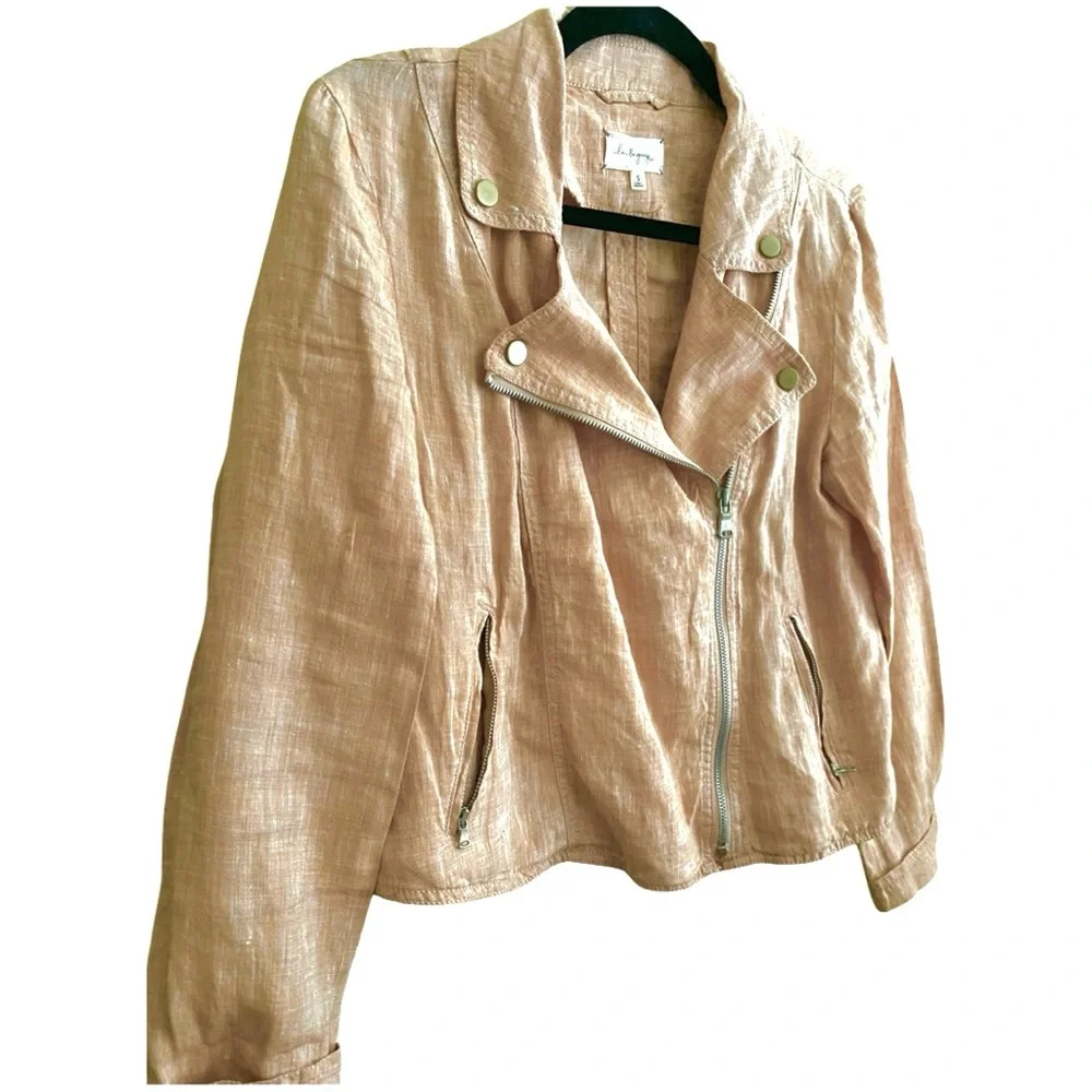 Loft Lou & Grey Women’s Jacket Small 100% Linen Moto Lightweight Blush Coral - Picture 5 of 9